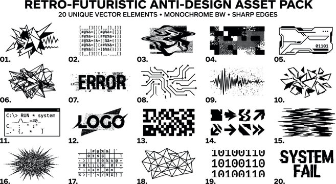 Futuristic brutalist anti design vector assets with glitch logos circuit patterns and abstract tech shapes