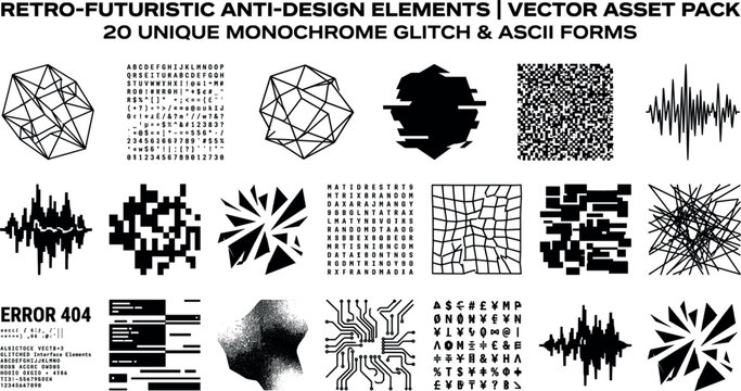 Futuristic anti design elements vector pack with monochrome glitch ascii and wireframe grid shapes