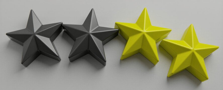 Two grey, two yellow star shapes sit on light grey surface. Geometric objects form row indicating half score rating concept. Simple minimalist design represents assessment progress performance