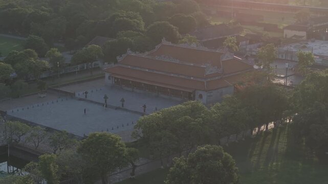 Aerial drone view of Hue Imperial Citadel featuring Ngo Mon Gate, Thai Hoa Palace and Kien Trung Palace, showcasing Vietnam's UNESCO royal heritage, ancient architecture and cultural landmark.