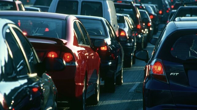 Heavy traffic jam with multiple cars on a busy city road during golden hour
