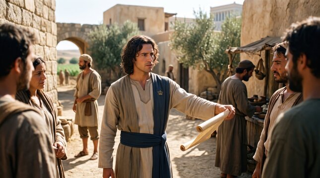 Jesus the teacher talking to man and woman in ancient village during biblical time. Divine messenger preaching and sharing gospel with people. Religious concept of spiritual wisdom study.