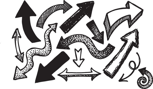 Black and white arrow doodles on lined paper background, arrows lines pattern