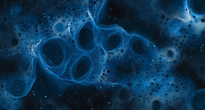 Blue microorganism pattern on black background. Microscopic view of virus or bacterium cell structure. Abstract medical background for science discovery, infection study and biology research.