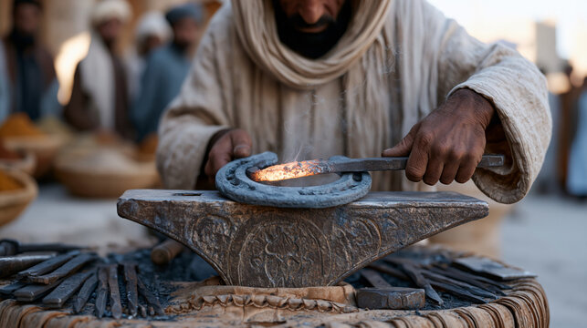 A farrier's calloused hands press a glowing horseshoe against an anvil at a vibrant spice market stall, traders watching intently, steam rising, tools laid in deliberate sequence