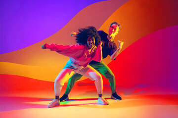Energetic Black female dancer leading colorful urban performance. Concept of urban culture...