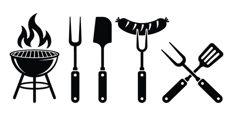 Barbecue grill icon set, featuring BBQ tools, flaming charcoal grill, outdoor cooking equipment, summer picnic, party essentials, and clean vector design. © AYAT