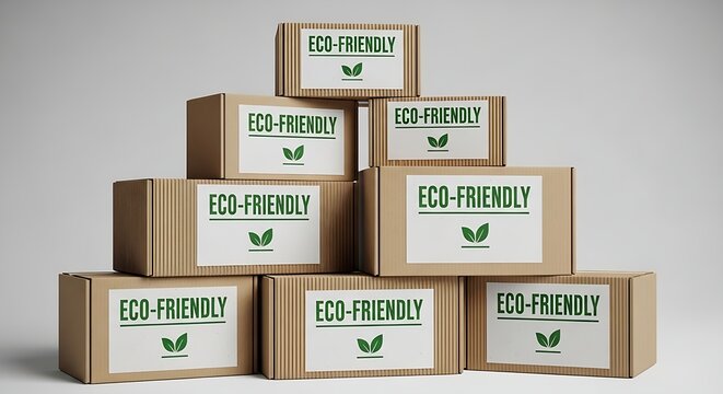 nine stacked brown cardboard packaging boxes featuring green eco friendly leaf graphics on white background
