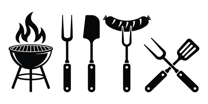 Barbecue grill icon set, featuring BBQ tools, flaming charcoal grill, outdoor cooking equipment, summer picnic, party essentials, and clean vector design.