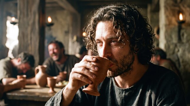 Man drinking from clay cup in rustic tavern. Servant ignoring duty while carousing with friends. Biblical scene depicting parable of faithful and wicked servant in ancient period.