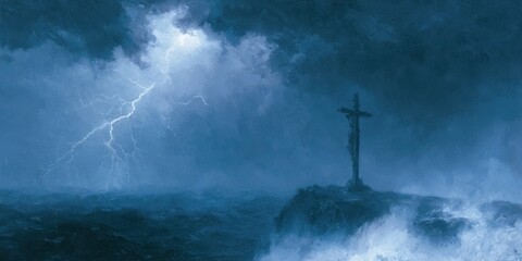 Fototapeta premium Solemn depiction of jesus christ on a cross set against a stormy sky with lightning over the sea