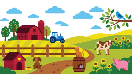 Fototapeta premium Rural farm landscape with animals, barn, tractor, and sunflowers under blue clouds.