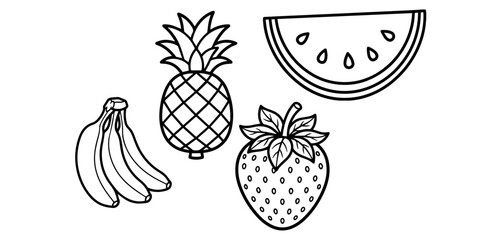 Black and white fruit illustration pineapple watermelon strawberries and bananas © Mina