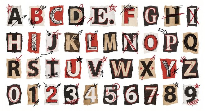 Grunge collage alphabet and numbers made from magazine cutouts with hand-drawn doodles in ransom note style.