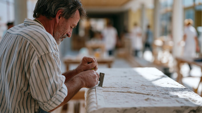 A stone mason's rough hands chip at a carved lintel over a hospital corridor under renovation, viewed over his shoulder as nursing staff pass below, the multigenerational ward