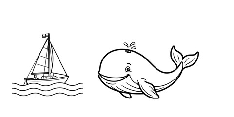 Whimsical line art sailing boat and happy whale illustration © Mina