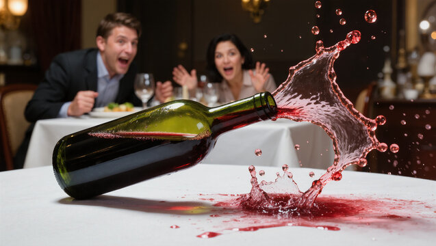 A bottle of red wine spills dramatically across a restaurant table while surprised diners react in the background. Accident, hospitality, restaurant, celebration, and unexpected moments concept.