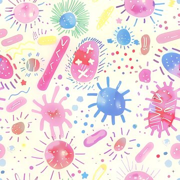 Colorful pattern of bacteria and viruses on white background. Microscopic pathogens and microbe illustration. Scientific concept of infectious disease, cell biology and health study.