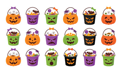 Colorful halloween pumpkin buckets filled with candy and spooky decorations on a white background © sumanavact