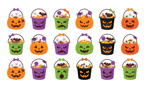 Colorful halloween pumpkin buckets filled with candy and spooky decorations on a white background