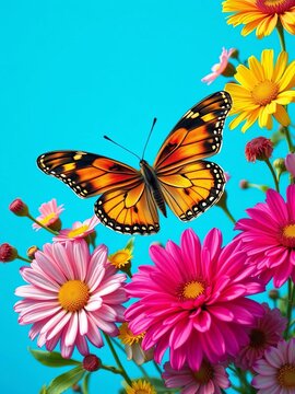 Butterfly surrounded by colorful flowers on a bright blue background, love, vibrant