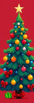 Colorful cartoon Christmas tree vector illustration isolated, sparkle, cheerful.