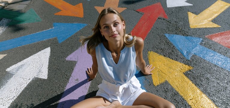 On a sunlit sidewalk, a young woman stands amid vibrant directional signs symbolizing career paths and opportunities.