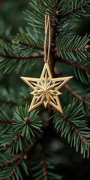 Christmas star ornament against a rustic pine tree branch, silhouettes, ||snowflakes