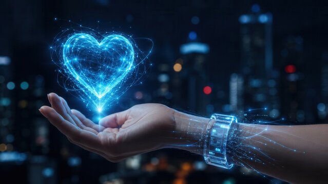 Futuristic digital heart hologram floating above hand with wearable technology and connection network