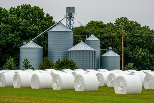 Metal grain silos stand near green trees on rural farm field. White plastic wrapped hay bales sit in rows before large storage towers. Agricultural facility stores corn crop harvest inside tall