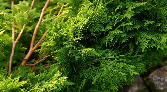 Close up of vibrant green thuja foliage with textured scales and brown branches