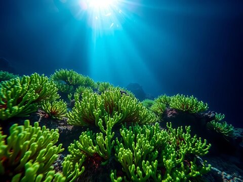 Green coral formations stretch towards sunlight, marine life, tropical