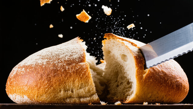 A dramatic close-up of a freshly baked artisan bread loaf being sliced with a serrated knife. Crumbs fly through the air against a dark background, showcasing freshness, texture, baking craftsmanship,