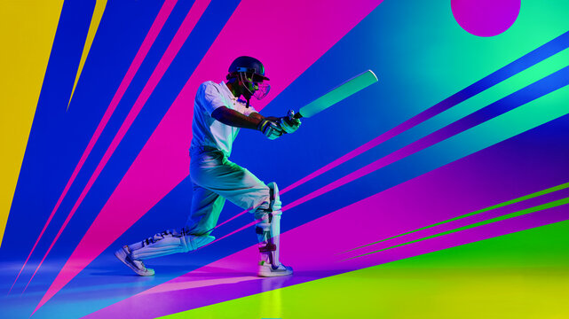 Energetic young male cricket player serving through vibrant graphic lines. Concept of urban fitness campaigns, sports technology advertising, dynamic product launches.