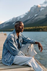 Fototapeta premium Relaxed man on wooden pier by mountain lake in denim jacket for lifestyle background and banner design