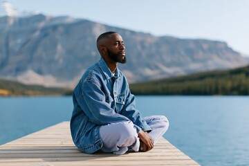 Fototapeta premium Side profile male portrait seated on dock by alpine lake in denim jacket for meditation background and wellness banner