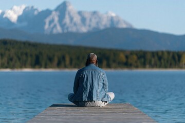 Fototapeta premium Solitary man sitting on a dock by a mountain lake for meditation background and peaceful retreat design