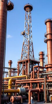 Rusty oil rig pipe towers over stacks of oil refinery equipment, industry, production