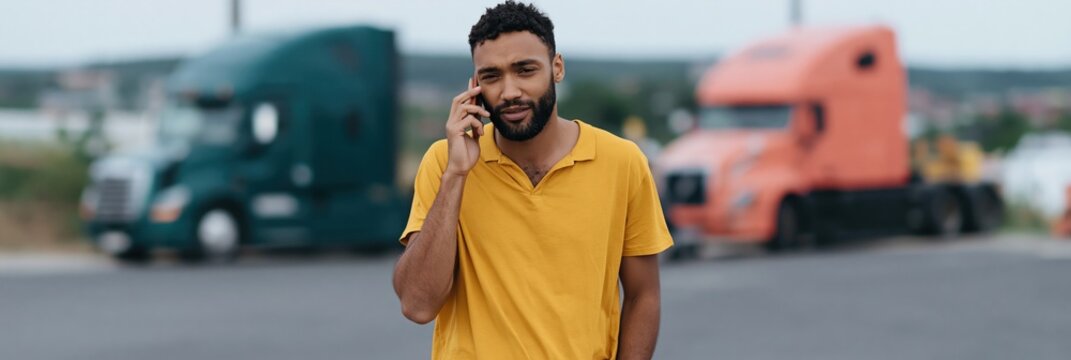 Delivery yard worker talking on phone in yellow shirt with trucks in background for transportation banner and logistics website hero or corporate header