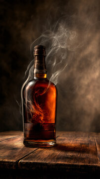 Classic amber rum bottle with dark wood table reflection and smoke, for drink mockup design project