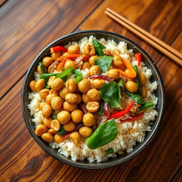 Savory peanuts stir-fried with fragrant rice and colorful vegetables on a wooden table, colorful, rice bowl