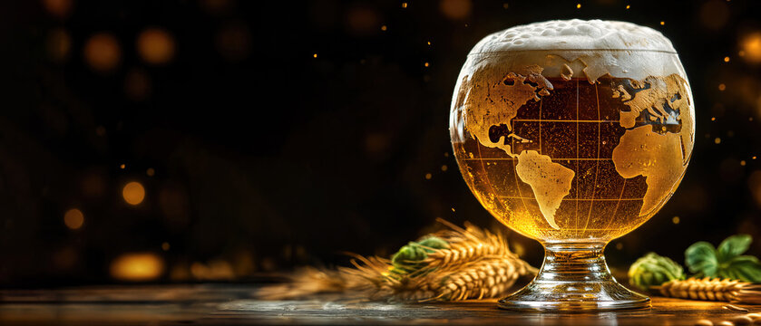 Glass of beer shaped like a globe with a world map illustration. International Beer Day celebration concept. Banner with copy space