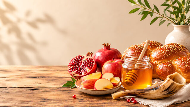 Rustic Still Life with Honey Jar, Fresh Fruits, Braided Bread and Natural Light for Seasonal Food Background