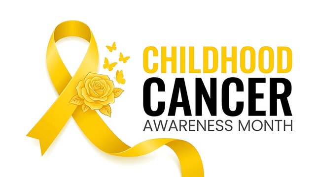 Childhood cancer awareness month gold ribbon and flower graphic with childhood