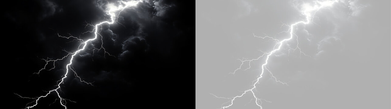 Powerful lightning bolt visual effect overlay. Bright thunder strike against black and transparent background