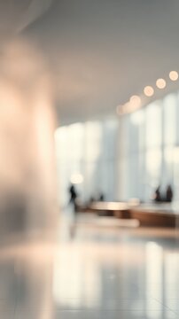 Blur interior of contemporary building, suggest a modern office or commercial space. Use the image to convey a sense of space, light, and activity. Ideal for background, texture or conceptual visuals.