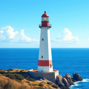 Vector illustration of a lighthouse standing tall on the coast, coastal, landmark