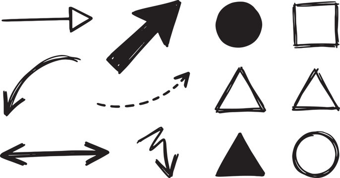 Hand-drawn arrows and geometric shapes in black and white triangles circles squares