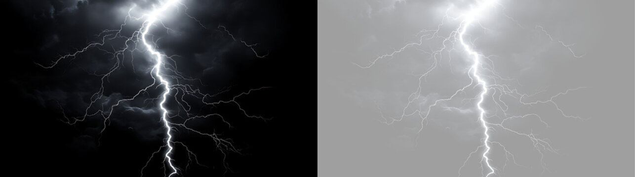 Bright lightning strike effect on transparent and black background. Powerful electrical storm discharge overlay