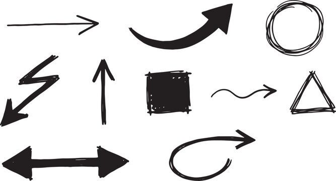 Hand-drawn arrows and geometric shapes in black on white triangle circle square line